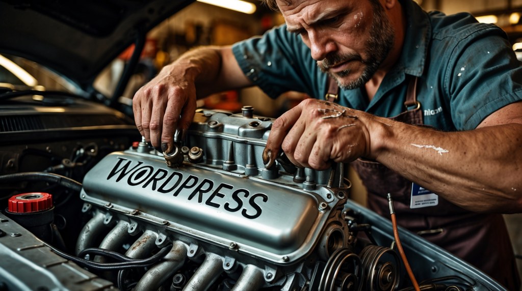 A mechanic tuning up a car engine labeled “WordPress.”