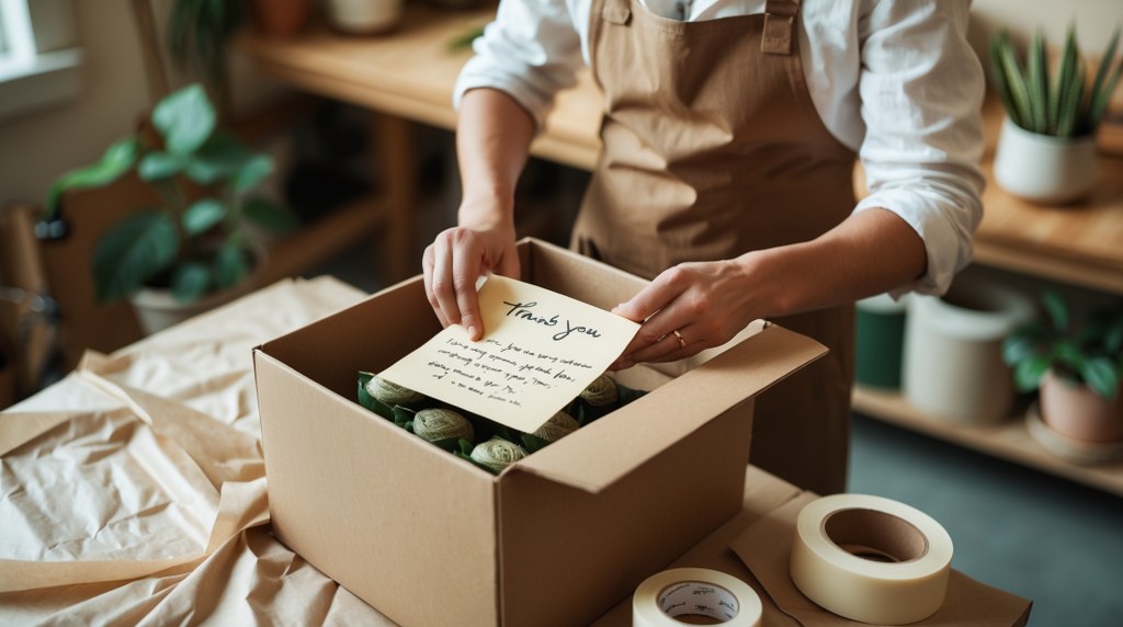 A merchant packing a product with a handwritten thank-you note