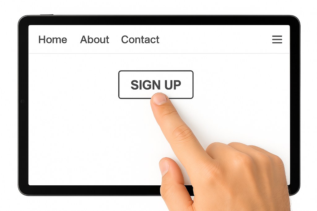 A person clicking the sign up button on a screen.