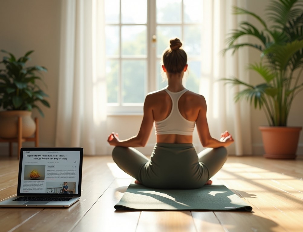 A person follows a health and wellness blog on a laptop while doing yoga at home.