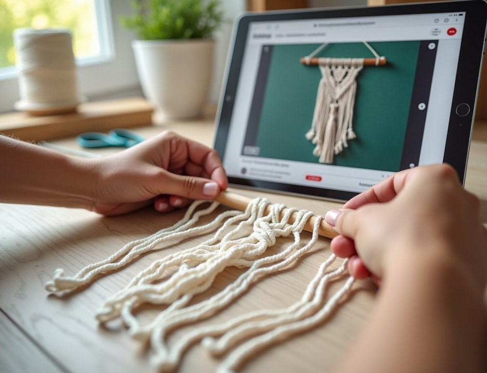 A person follows a video tutorial on a tablet to create a macrame craft.