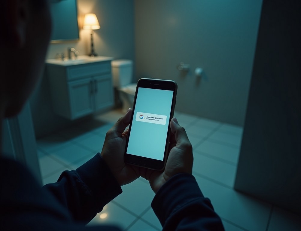 A person frantically searches for an emergency plumber on their smartphone while their toilet overflows.
