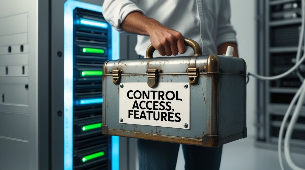 A person holding a toolbox labeled “Control, Access, Features” while standing in front of a large server.