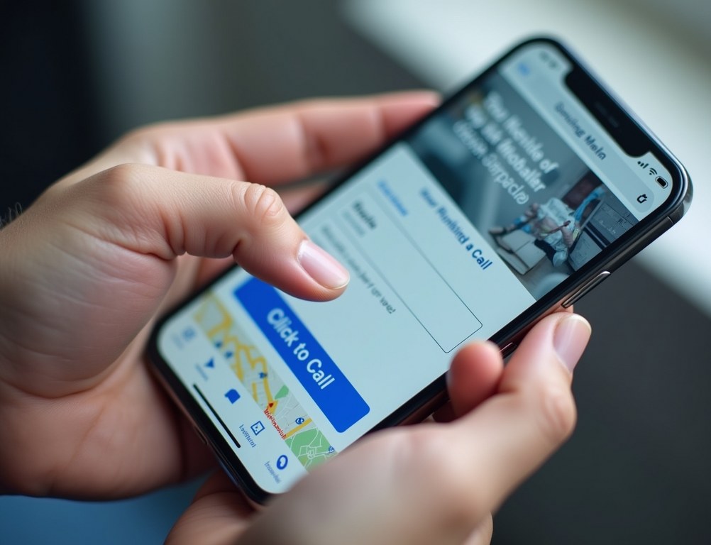 A person holds a smartphone, about to press the 'Click to Call' button on a plumber's website.