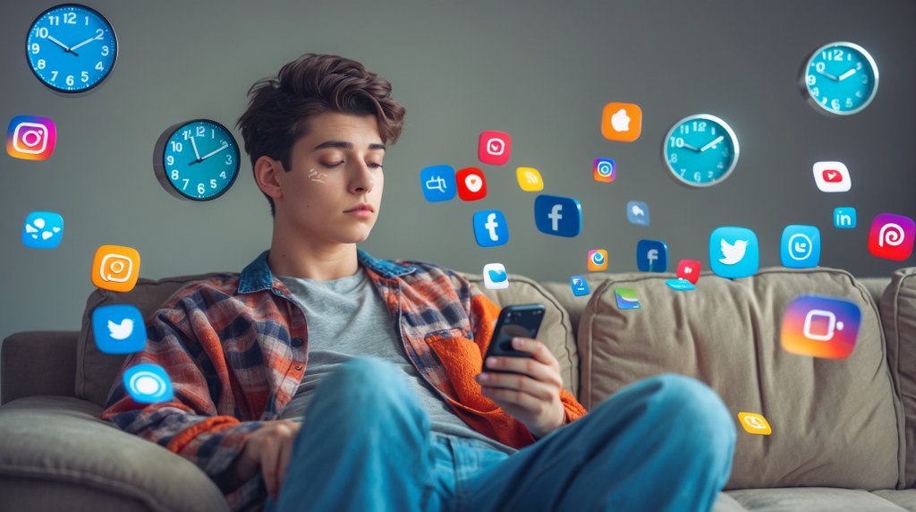 A person lounging on a couch while scrolling on their phone, surrounded by floating clocks and app icons, symbolizing how much time they spend on social media.