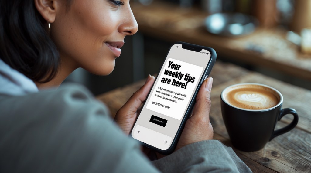 A person reading an email on their phone during a morning routine, with coffee nearby and the subject line saying “Your Weekly Tips Are Here!”