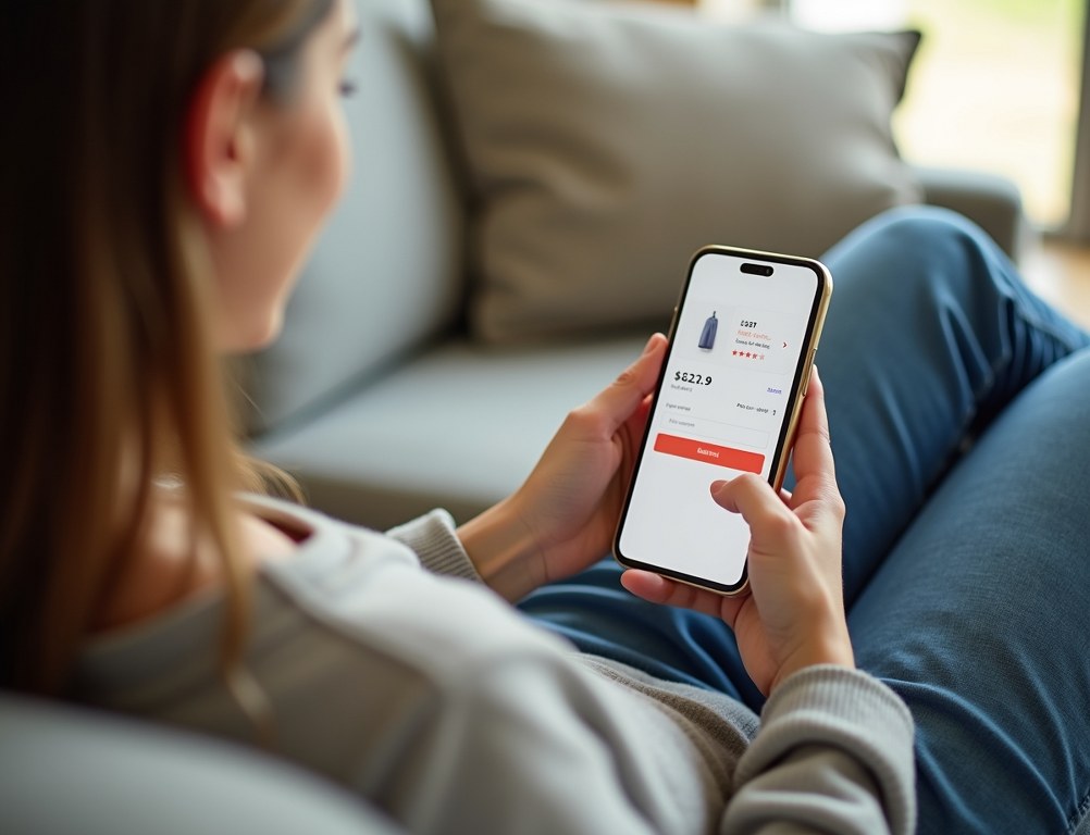 A person smiling while easily completing a purchase on a mobile-optimized checkout page on their smartphone.