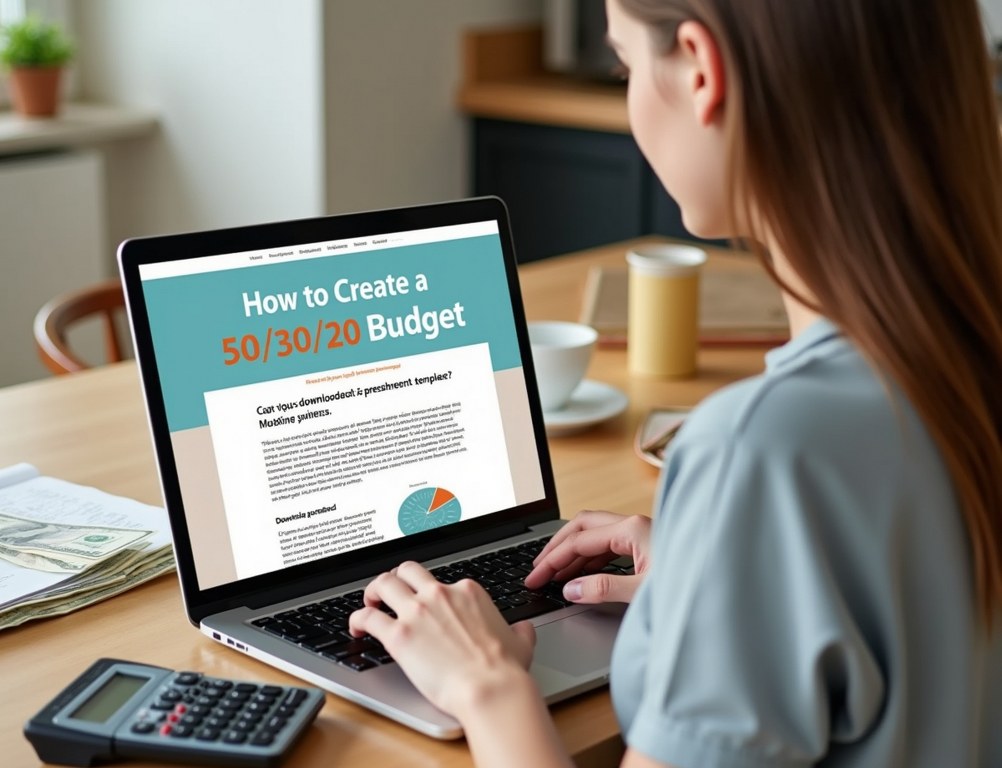 A person uses a personal finance blog's spreadsheet to create a budget at their kitchen table.