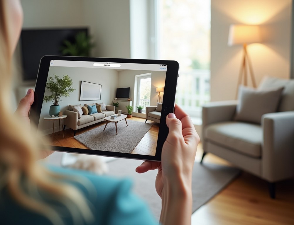 A person uses a tablet with a virtual interior design service to decorate their living room.
