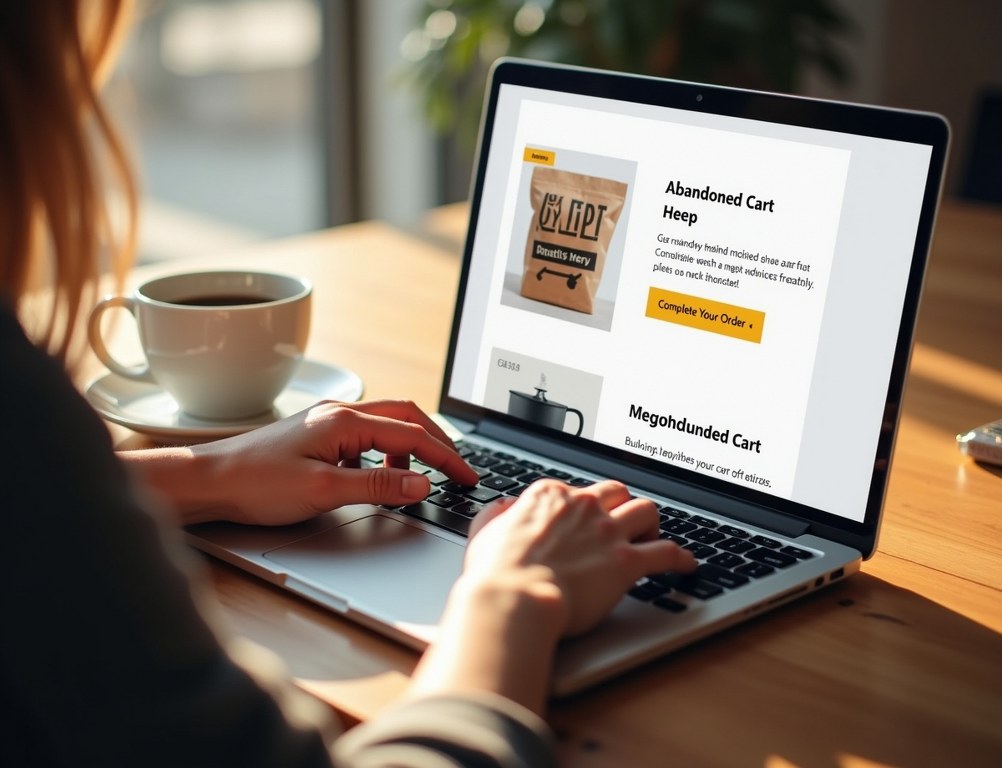 A person viewing a well-designed abandoned cart recovery email on their laptop, encouraging them to complete their purchase.