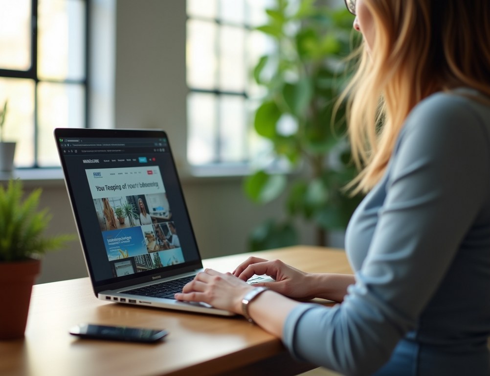 A person views a professional and modern website on a laptop in a clean office environment.