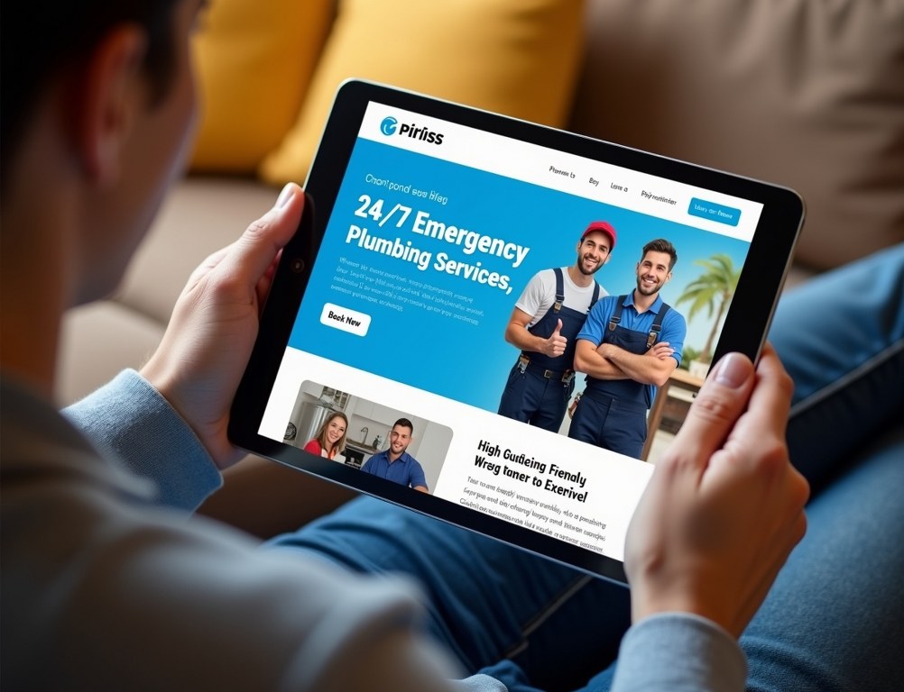 A person views a professional plumbing website homepage on a tablet.