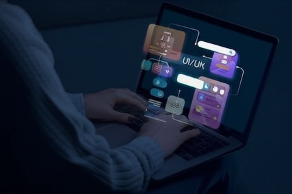 A person working on a laptop with futuristic UI/UX design elements floating around it