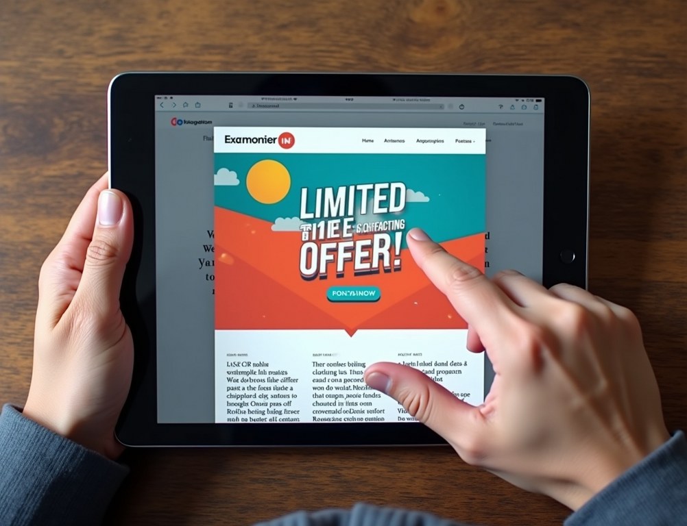 A person's hand about to close an annoying and disruptive pop-up ad covering a website's content.