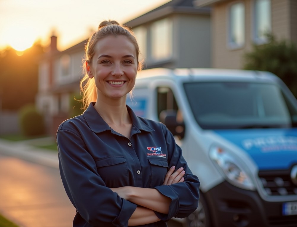 A professional female plumber stands confidently in front of her company van.