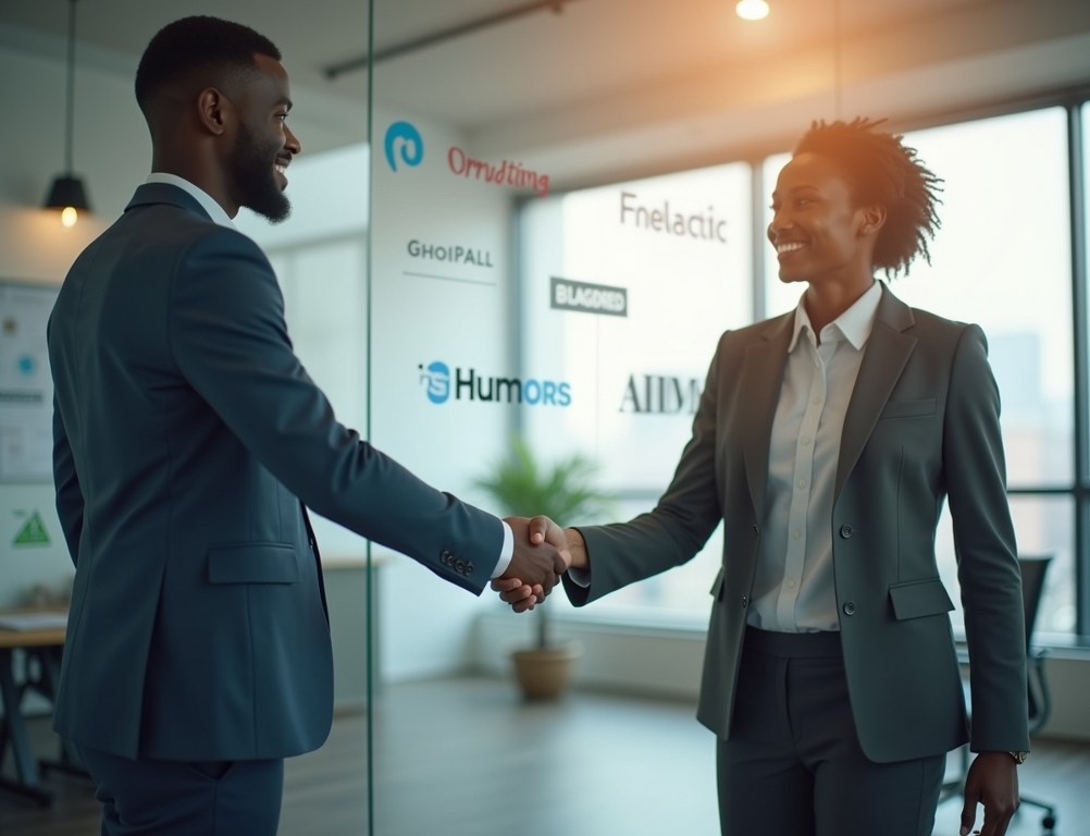 A professional handshake symbolizing building relationships with local media and blogs for link building.