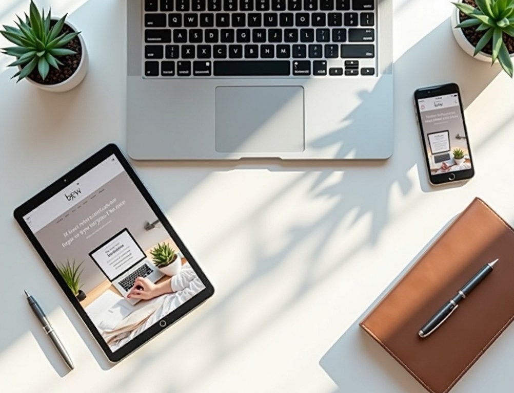 A professional personal brand website displayed consistently across a laptop, tablet, and smartphone on a clean desk.