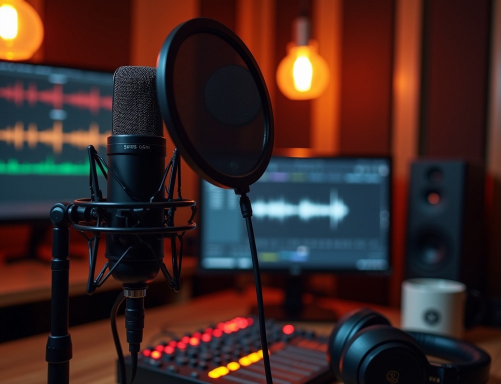 A professional podcasting studio setup with a microphone, headphones, and mixing board.