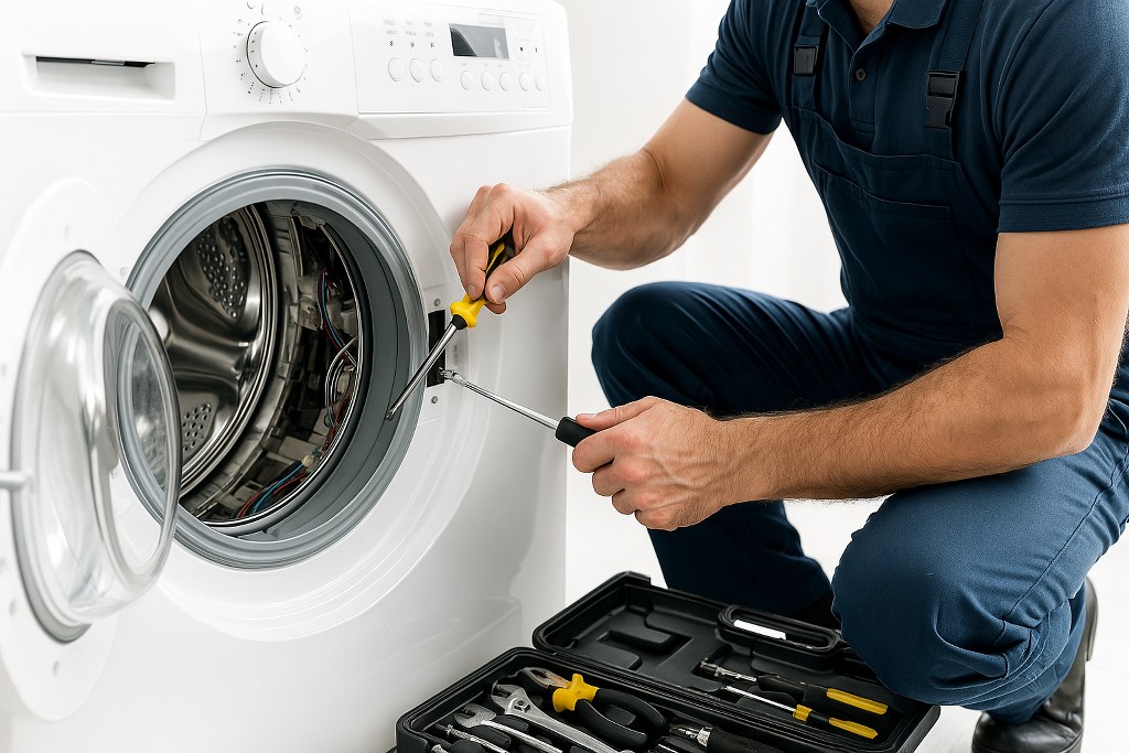 A professional repairing a washing machine.