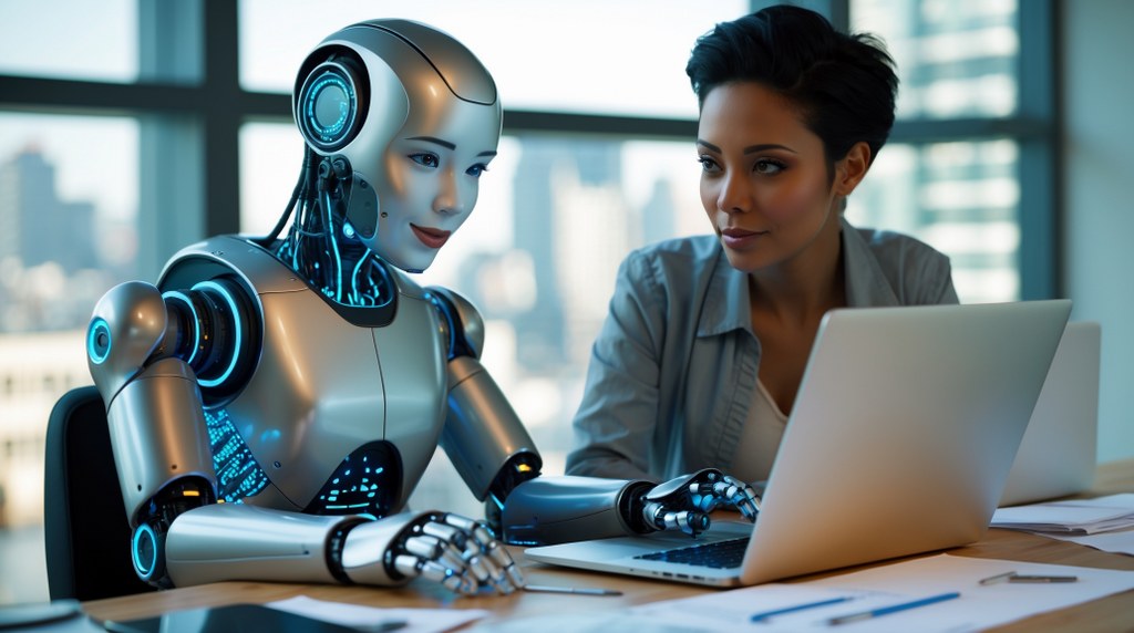 A robot and a human sitting side by side at a desk, both working on content together.