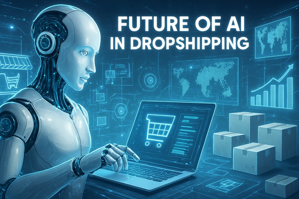 A robot using a laptop in a dropshipping store.