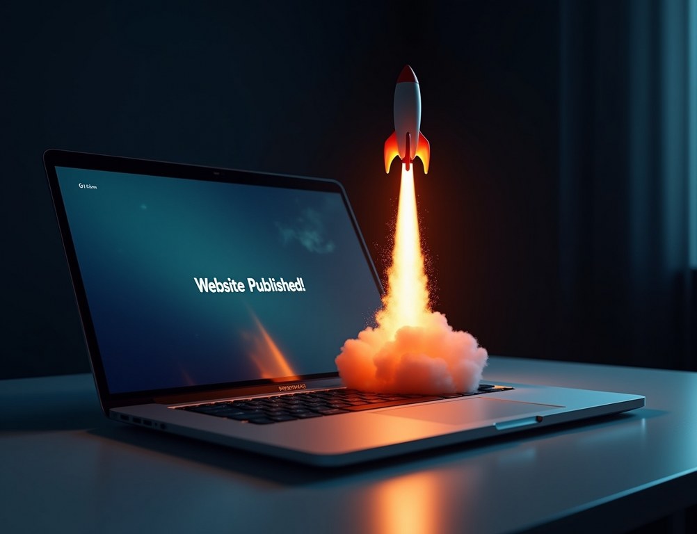 A rocket launches from a laptop screen to symbolize a fast website launch.