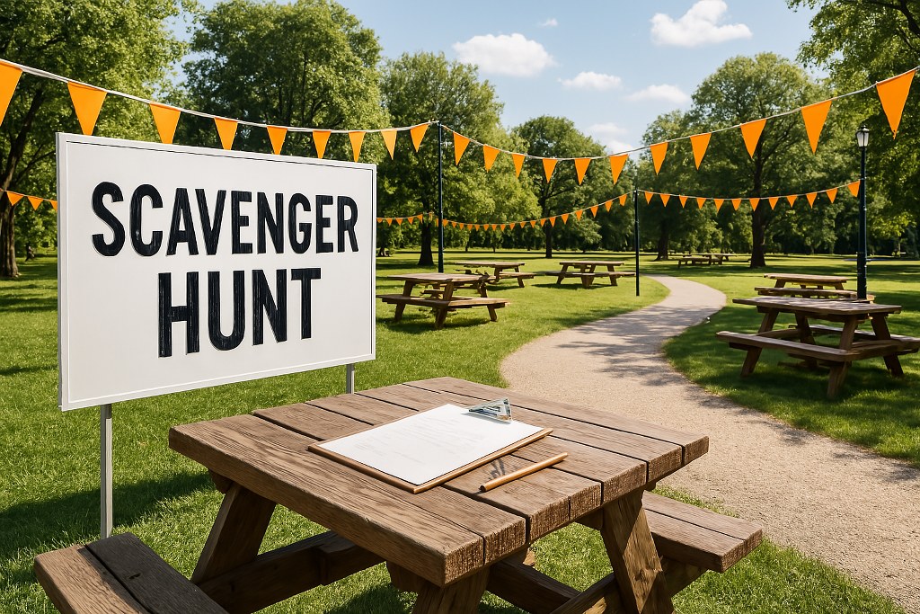 A scavenger hunt venue outdoors.