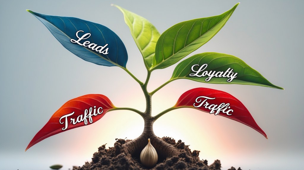 A seed sprouting into a plant with leaves labeled “Leads,” “Loyalty,” and “Traffic.”