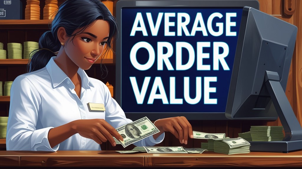 A shopkeeper counts cash at the counter while a large computer monitor behind them displays the words “Average Order Value” in bold text.