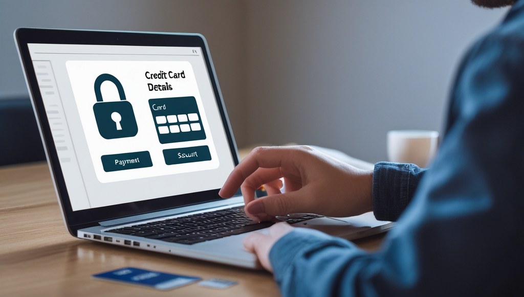 A shopper entering credit card details on a website checkout page, while a padlock icon shows security and trust.