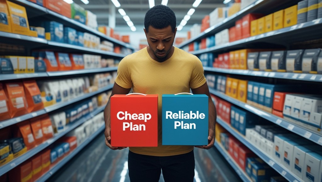 A shopper in a store aisle holding two hosting plan boxes side by side, one labeled “Cheap Plan” and the other “Reliable Plan,” looking thoughtfully at the options.
