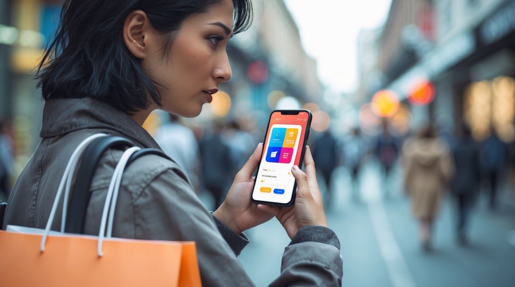 A shopper making a purchase on their phone while walking.