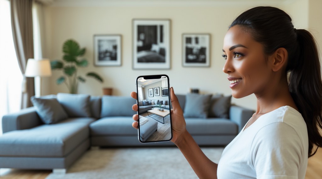 A shopper using augmented reality on their phone to preview furniture in their living room.