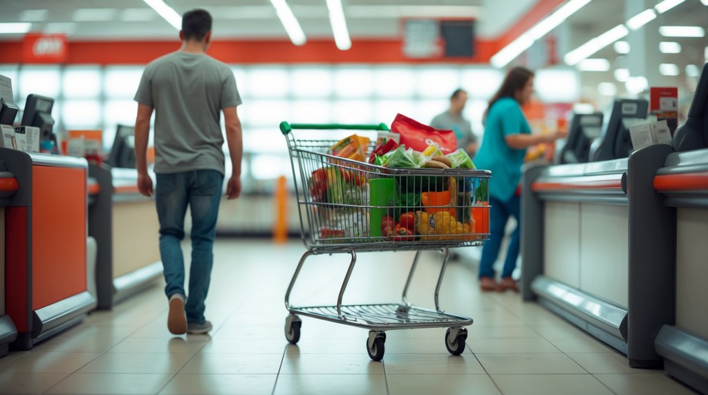 A shopper walking away from a half-filled shopping cart in a checkout line