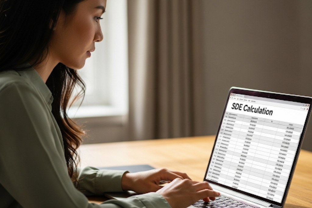 A small business owner calculates her company's Seller's Discretionary Earnings on a laptop in her home office.