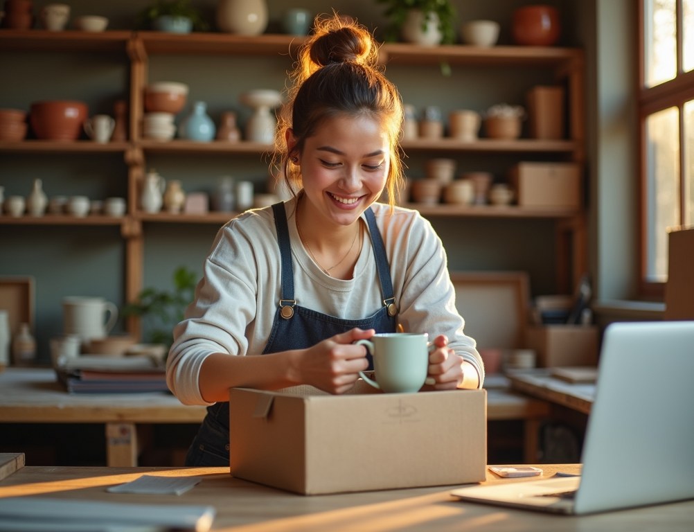 A small business owner packing a handmade product from her e-commerce store.