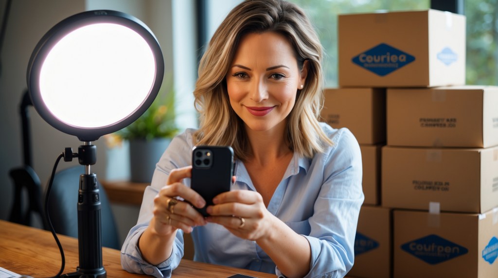 A small business owner photographing products with a phone while a ring light and shipping boxes sit nearby.