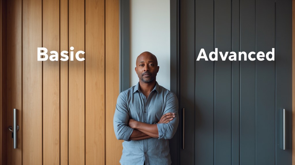 A small business owner standing in front of two doors labeled “Basic” and “Advanced,” symbolizing choosing between different support offerings.