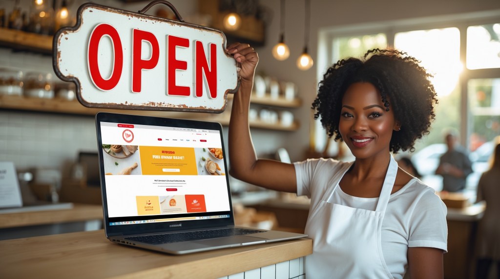 A small shop owner proudly flipping an “Open” sign while a laptop screen shows their new business website.