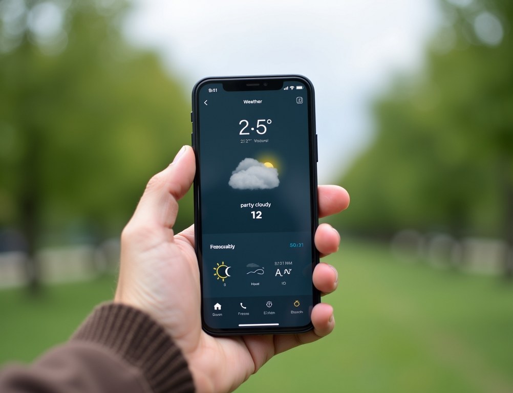 A smartphone screen showing a weather forecast website, with the actual weather blurred in the background.