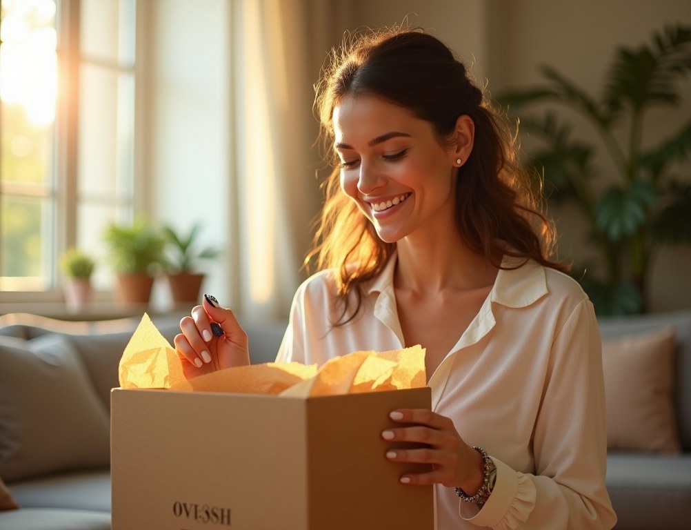 A smiling influencer unboxes a beautifully packaged product in a sunlit apartment.