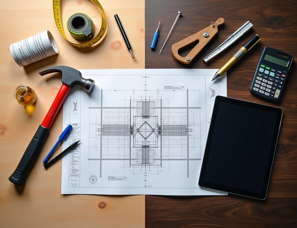 A split flat-lay image showing a simple DIY toolkit versus a professional architect's advanced tools.