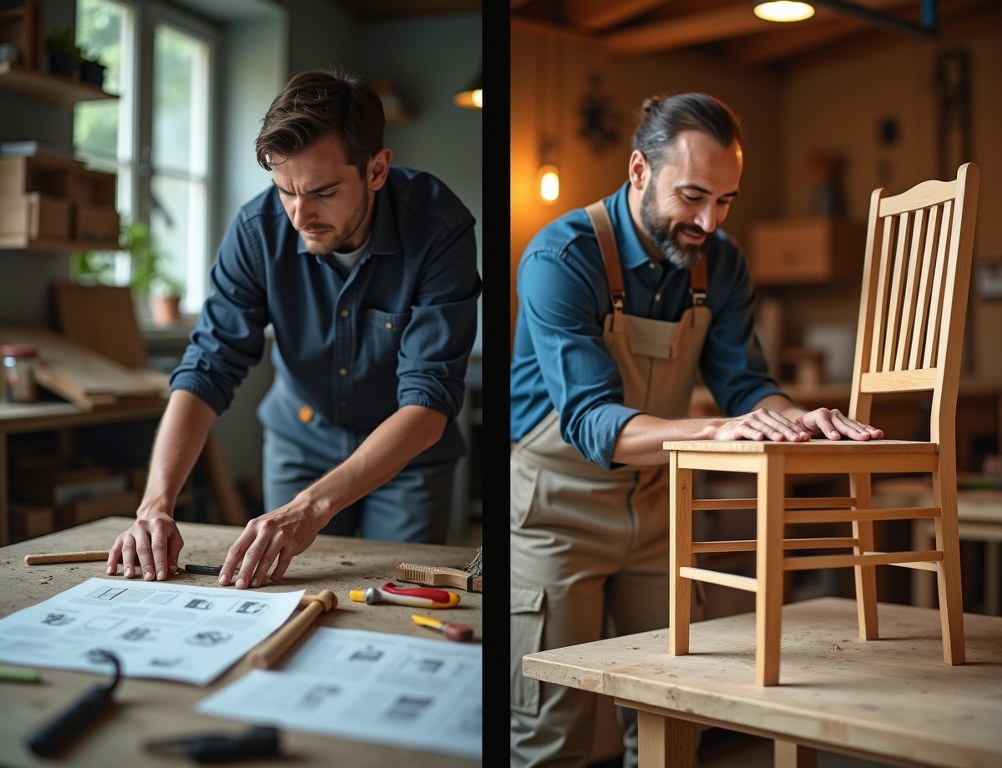 A split image showing a person struggling with flat-pack furniture versus a professional carpenter at work.