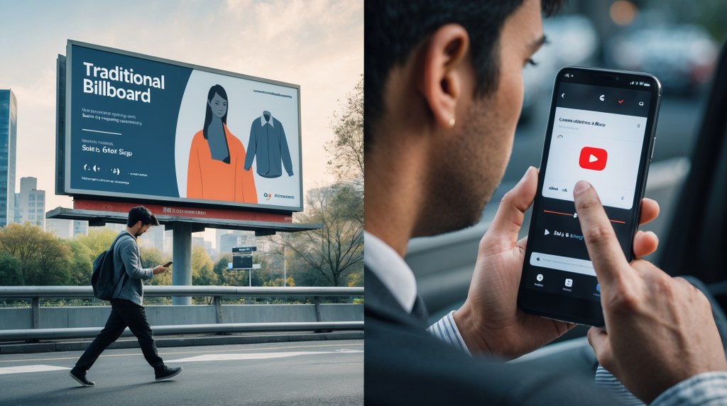 A split scene: one side shows a user ignoring a traditional billboard; the other side shows the same person clicking a video ad on their phone.