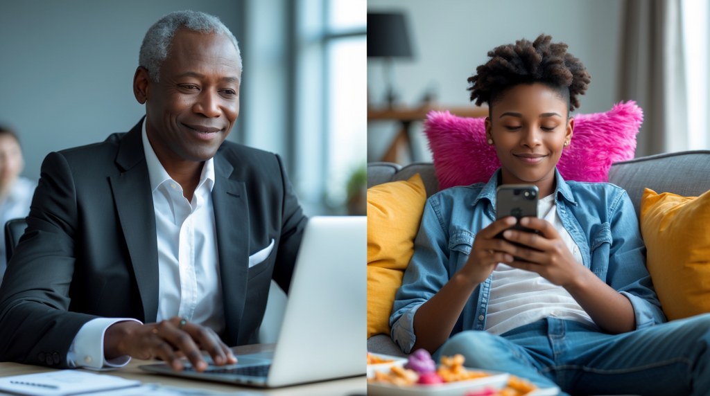 A split-screen showing a LinkedIn user in business attire networking on their laptop, while a Gen Z user watches TikTok in a casual setting.