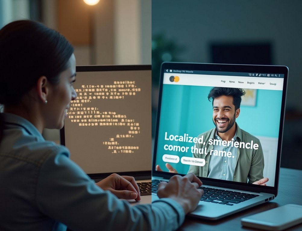 A split screen showing a user confused by a poor translation versus a user happy with a culturally localized website.