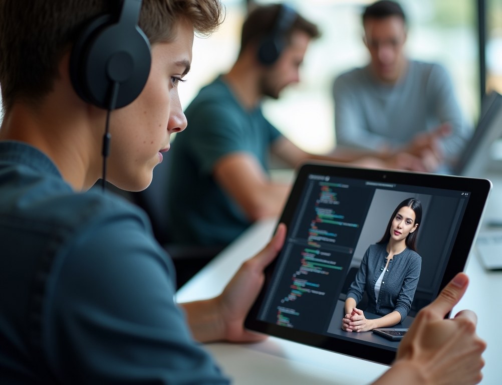 A student wearing headphones takes an online coding course on a tablet in a co-working space.