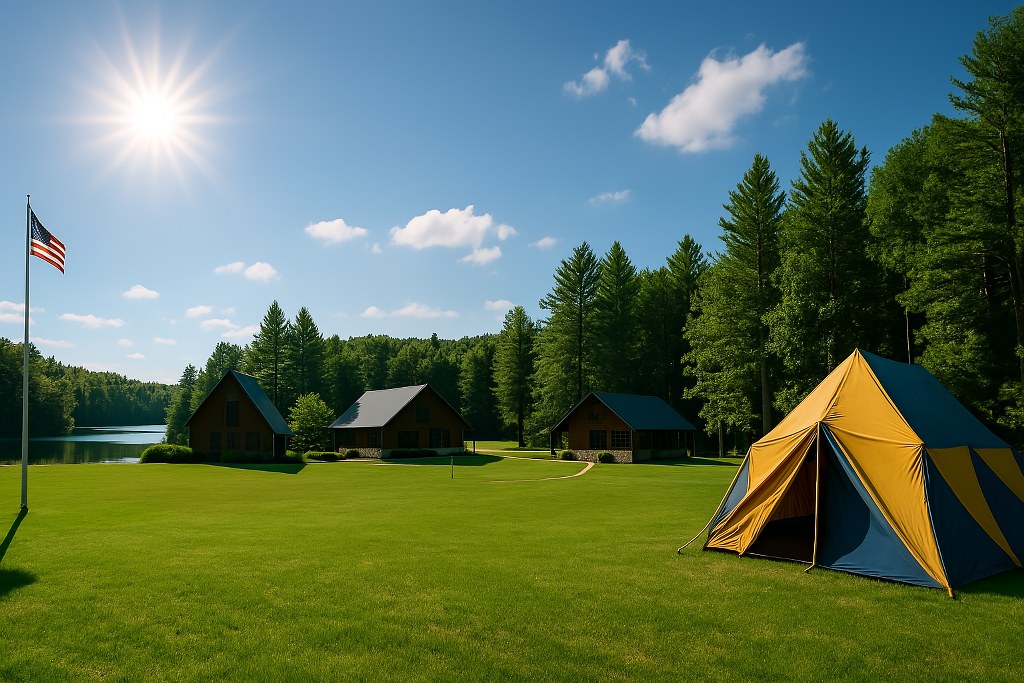 A summer camp next to a forest.