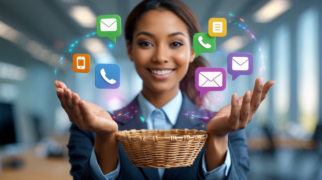 A support agent juggling icons of a phone, chat bubble, and email in the air, then catching them all in one basket, symbolizing a unified platform.
