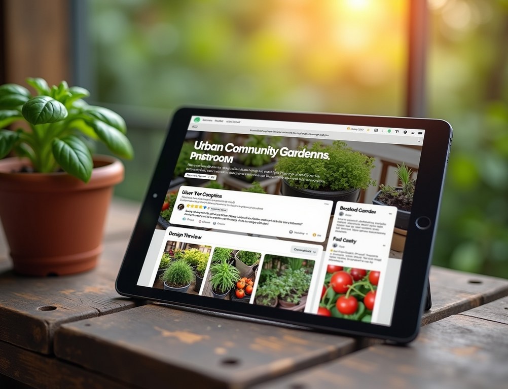 A tablet displaying a busy online community forum for urban gardening enthusiasts.